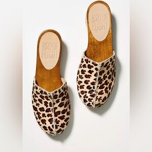 Bird Of Flight Calf Hair Leopard Print Wooden Heel Clogs Mules Size 10